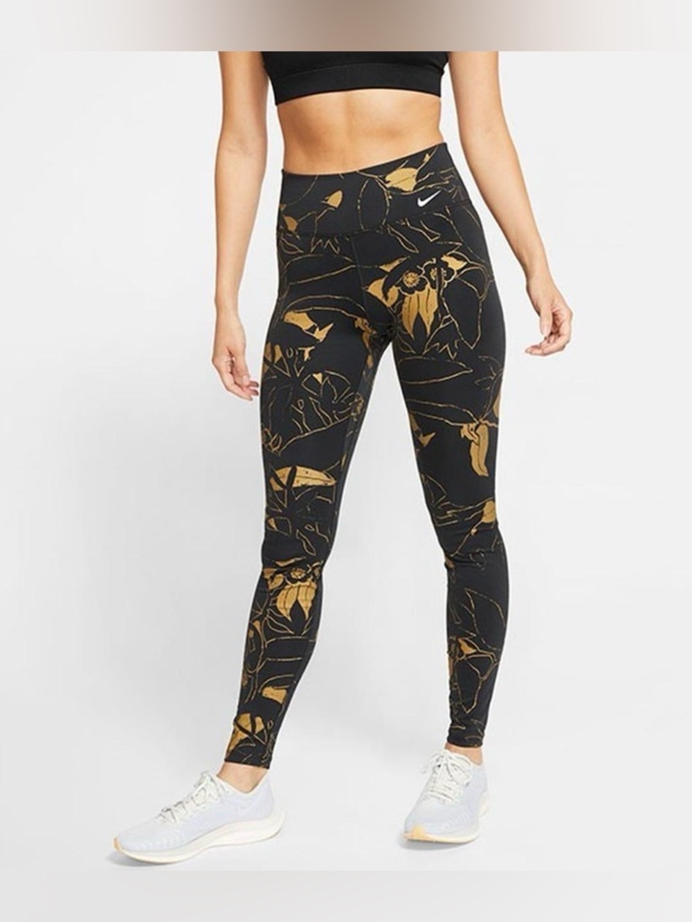 Nike Power Dri-FIT black and gold metallic floral print leggings XL